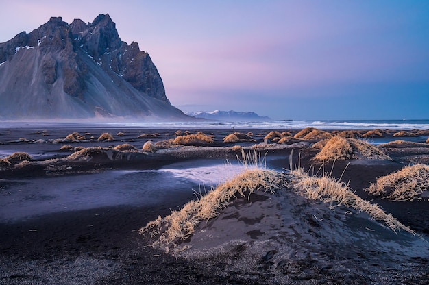 Vestrahorn mountain and its black sandy beach in South Iceland