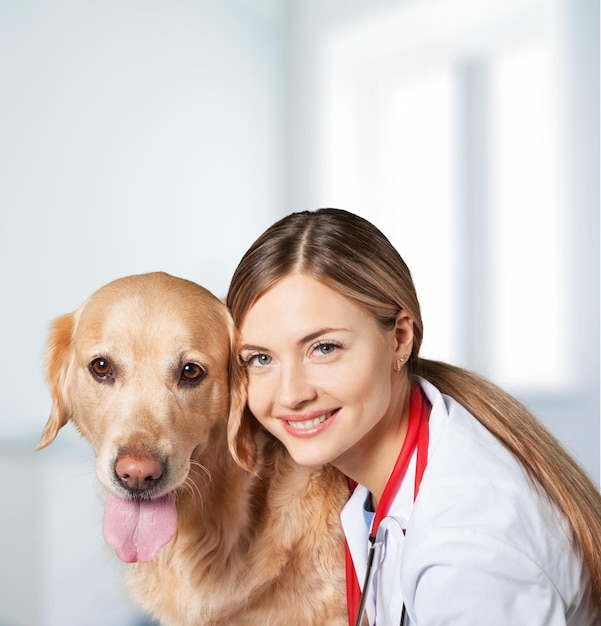 Vet holding a little puppy dog - isolated over a white background