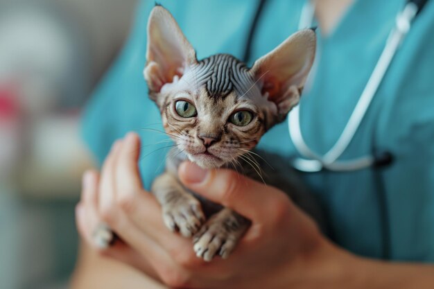 Vet holds a Sphynx kitten showcasing its striking ears and mesmerizing striped skin