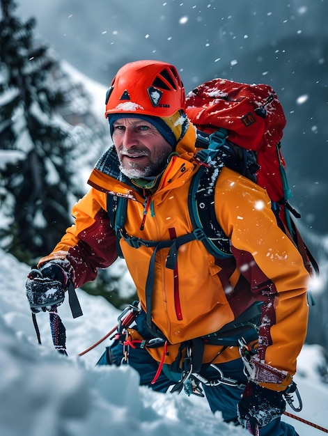 Veteran Alpinist Traversing Snowy Ridge in Vivid Mountaineering Expedition