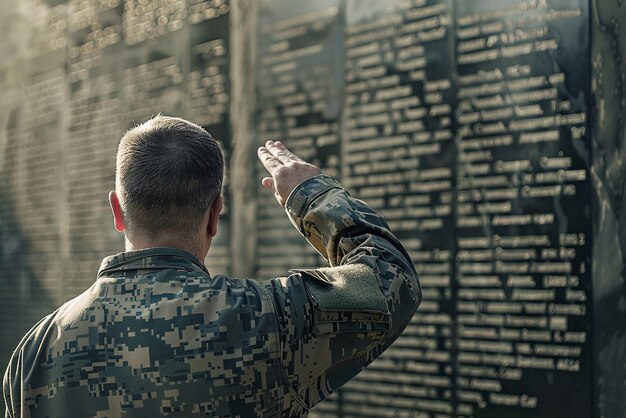 Photo veteran saluting at memorial wall