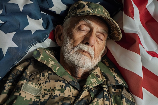 Photo veteran sleeping on american flag