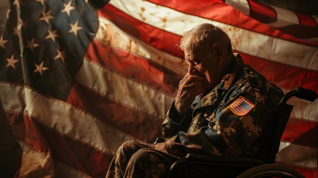 Photo veteran in wheelchair with american flag