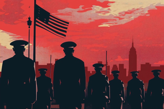 Veterans in uniform stand together They watch a Fourth of July parade during sunset American flag