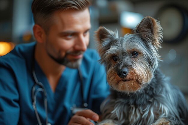 Photo veterinarian consulting pet owner about health records in clinic