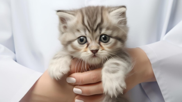 Veterinarian doctor holding little kitten close up generative ai