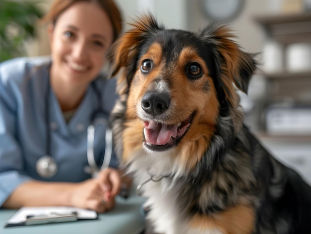 Photo a veterinarian examines a happy dog in a clinic