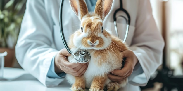 A veterinarian examines a rabbit using a stethoscope ensuring the rabbits health in a calm and professional setting