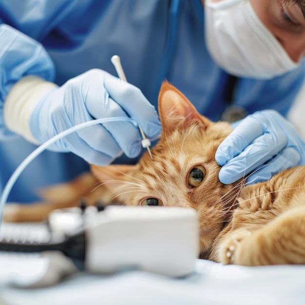 Veterinarian examining a cats ear with an otoscope ensuring the pets health and comfort during a routine checkup