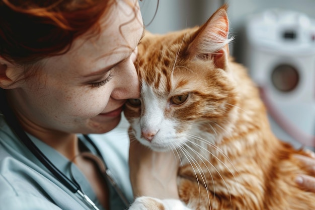 Photo veterinarian examining ginger cat in clinic setting