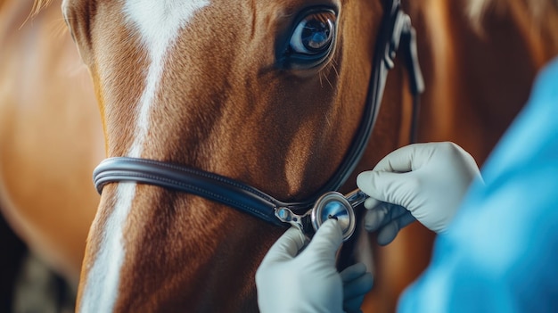 Photo veterinarian examining horse with stethoscope