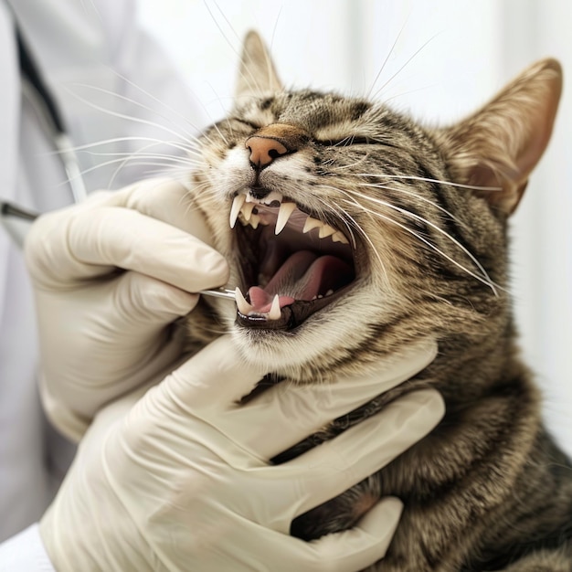 Veterinarian examining a tabby cat39s mouth Cat showing teeth during a routine health checkup Closeup of a cat dental examination