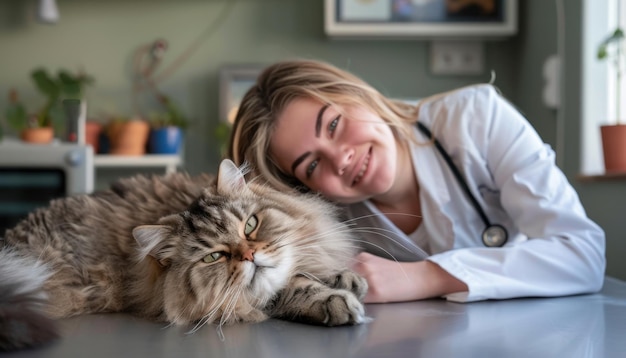 Photo veterinarian and fluffy cat share a moment in cozy clinic setting during the afternoon