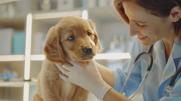 A veterinarian gently comforts a golden retriever puppy during a checkup