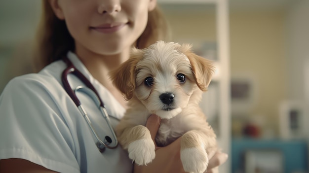 A veterinarian holding a puppy in a hospital.