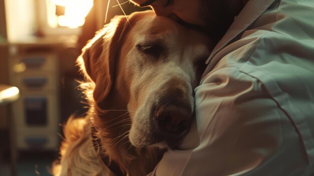 Photo veterinarian hugging a golden retriever in a warmly lit room showcasing emotional connection and