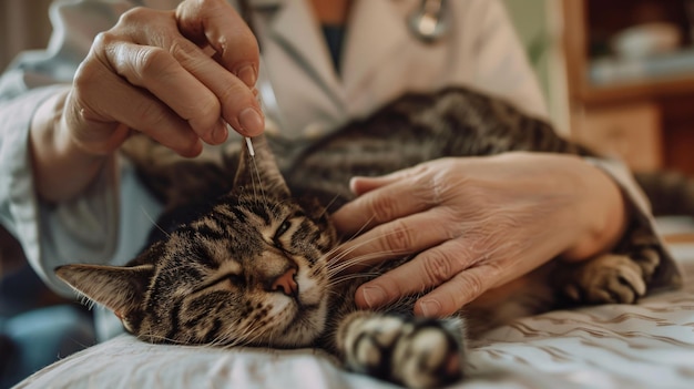 Photo a veterinarian is feeding a cat with a spoon