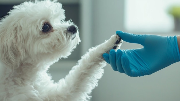 Photo veterinarian in latex gloves examining dog paw