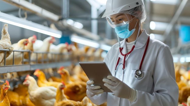 Veterinarian in modern poultry house examining chickens with tablet