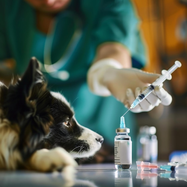 Veterinarian preparing injection for a dog at a clinic focusing on syringe and medicine bottle demonstrating veterinary care