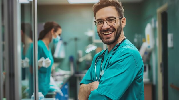 Photo a veterinarian in scrubs holding a medical instrument standing in a veterinary clinic smiling