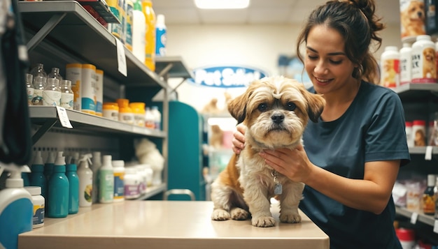 Photo veterinarian taking care of a pet care and treatments pet being attended to in a pet shop