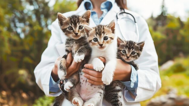 Photo veterinarian in white medical coat gently holding three curious kittens in an outdoor nature setting with lush green foliage and grass background