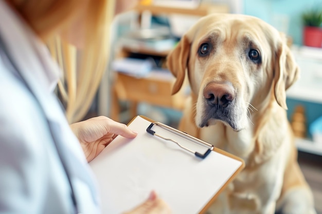 Photo veterinarian with clipboard consulting attentive golden retriever in a clinic setting