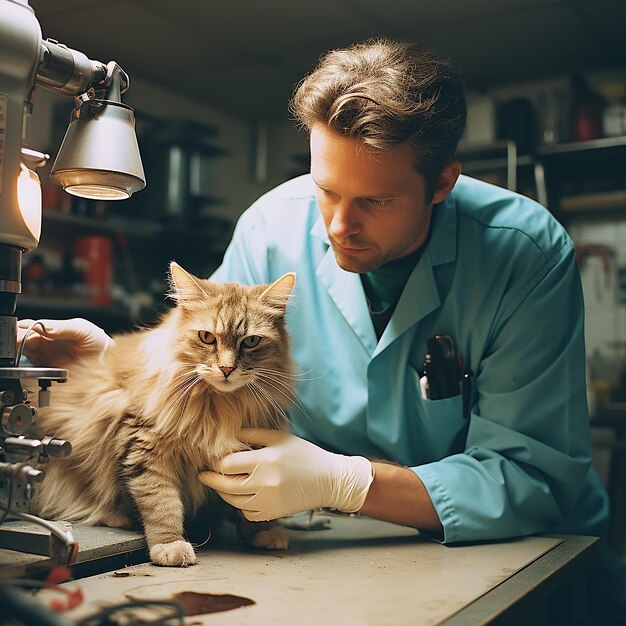 Veterinarian at work A man in a medical gown examines a fluffy cat on a table in the office