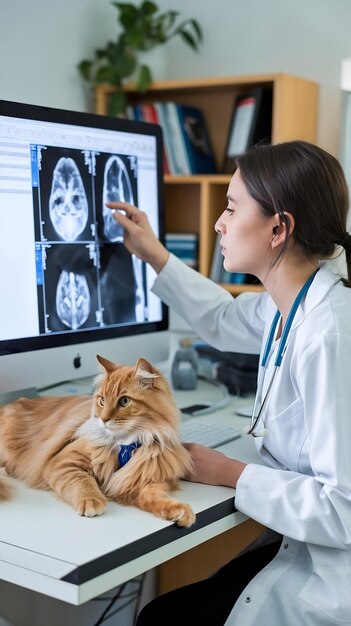 Photo veterinary clinic doctor working on a desktop computer examining x ray scans for a potential bone