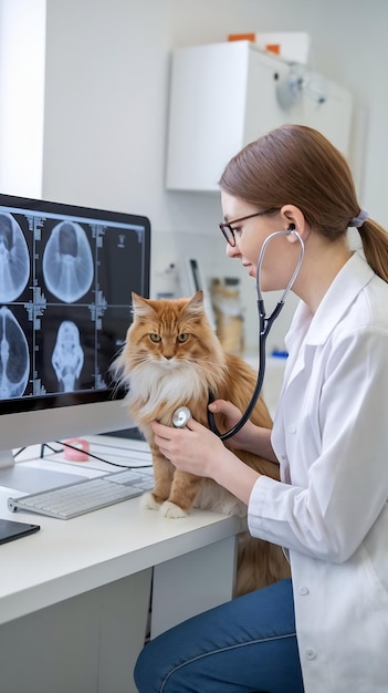 Veterinary Clinic Professional Working on a Desktop Computer Examining X Ray Scans for a Potential