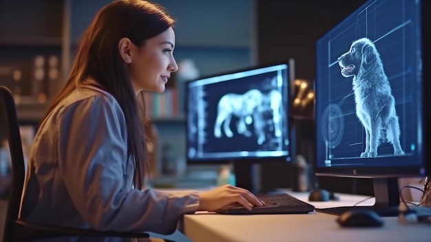 A veterinary clinic specialist examines a dog's Xray scans for a potential bone fracture while using software on a desktop computer The Generative AI