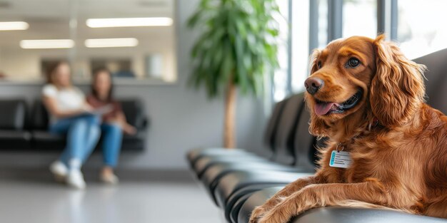 Photo veterinary clinic waiting room with pet holding veterinary insurance card