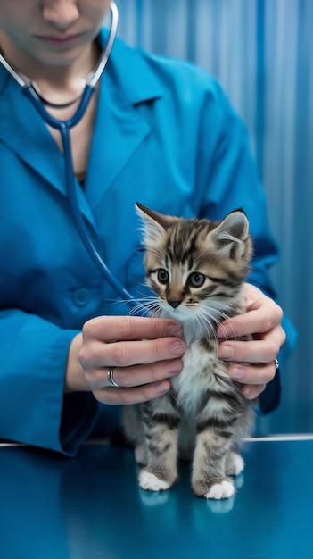 Veterinary examination of the cat kitten at the veterinarian animal clinic