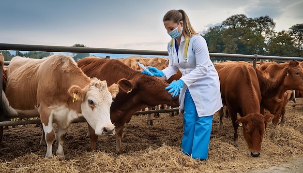 a veterinary health check on cattle at a farm focusing on a veterinarian performing an exam