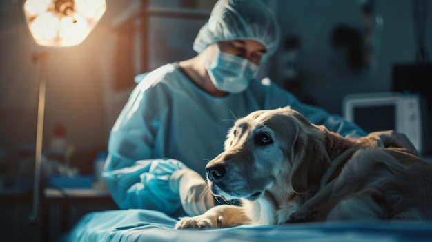 A veterinary surgeon performing surgery on a large dog in a sterile operating room environment