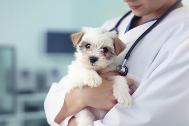 veterinatian holding a cute white puppy