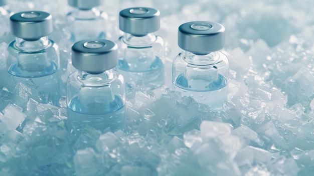 Photo vials of vaccine surrounded by ice are neatly arranged emphasizing the critical role of refrigeration in maintaining vaccine potency and healthcare efficacy