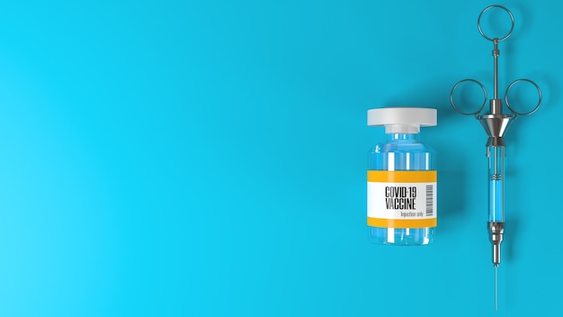 Vials with Coronavirus or Covid19 vaccine and vintage syringe on yellow scene and copy space for text 3d rendering