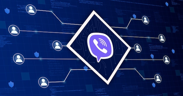 Viber social network icon connecting the system with other users on a technological background with code elements 3d