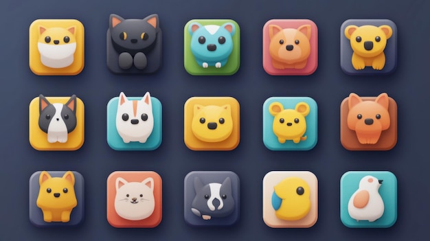 Vibrant 2D Icon Set for Pet Care App Dog Cat Bird More Colorful Icons for Pet Services and Store