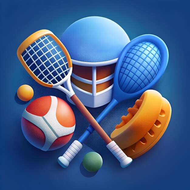 A vibrant 3D icon set featuring a lacrosse stick ball helmet and a net