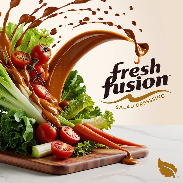 A vibrant 3D illustration advertisement for salad dres