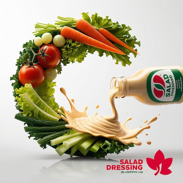 A vibrant 3D illustration advertisement for salad dres