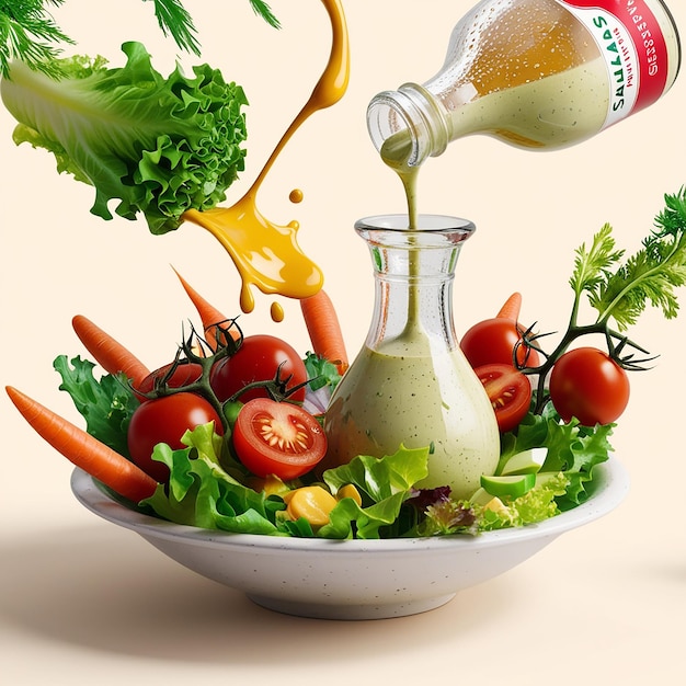 A vibrant 3D illustration advertisement for salad dres