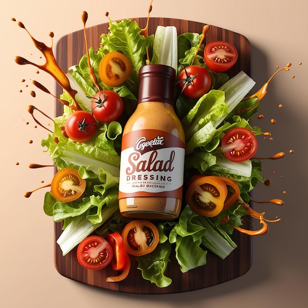 A vibrant 3D illustration advertisement for salad dres