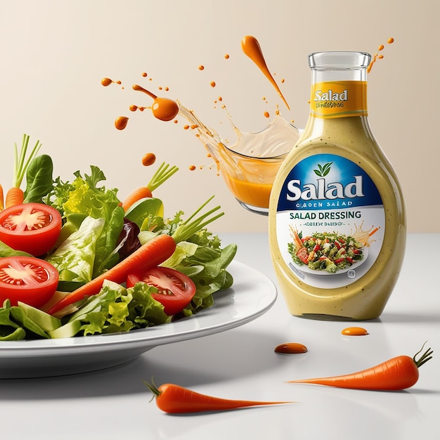 A vibrant 3D illustration advertisement for salad dres