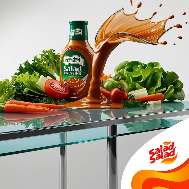 A vibrant 3D illustration advertisement for salad dres