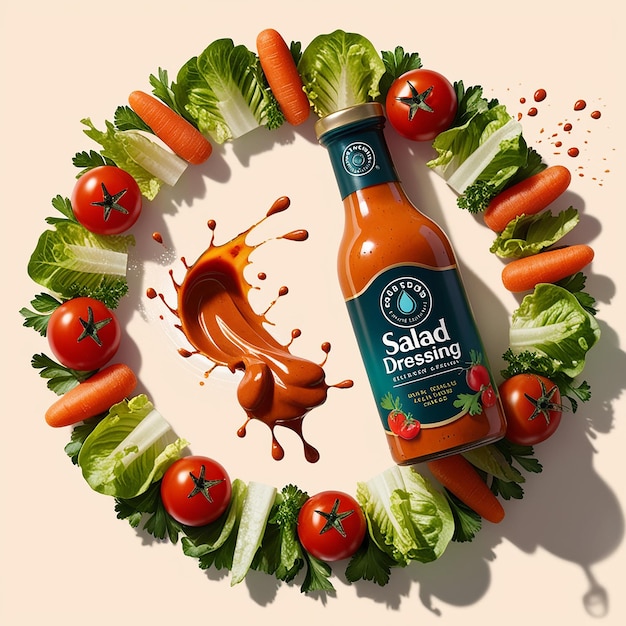 A vibrant 3D illustration advertisement for salad dres