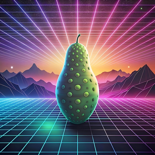 A vibrant 3D illustration of a chayote set against a retro 80s synthwave background